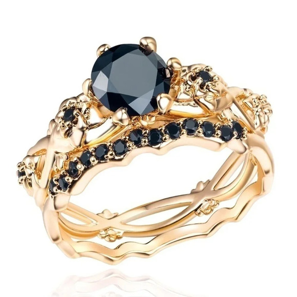 🍂  14k Gold Plated 🖤Black CZ Wedding Ring for Women, FB16FA1127 - Picture 1 of 3